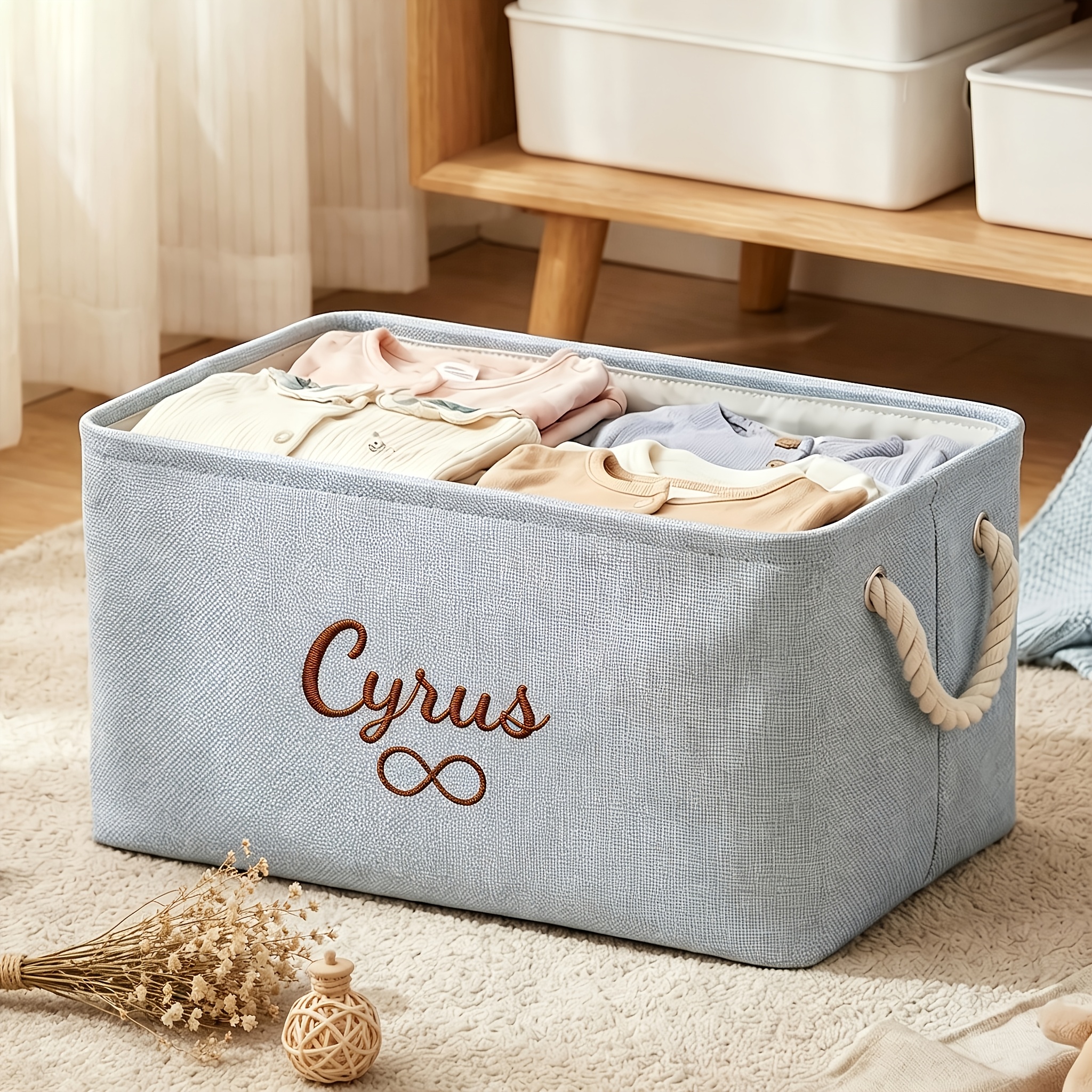 Custom Storage Basket with Handles, Personalized Foldable Bin