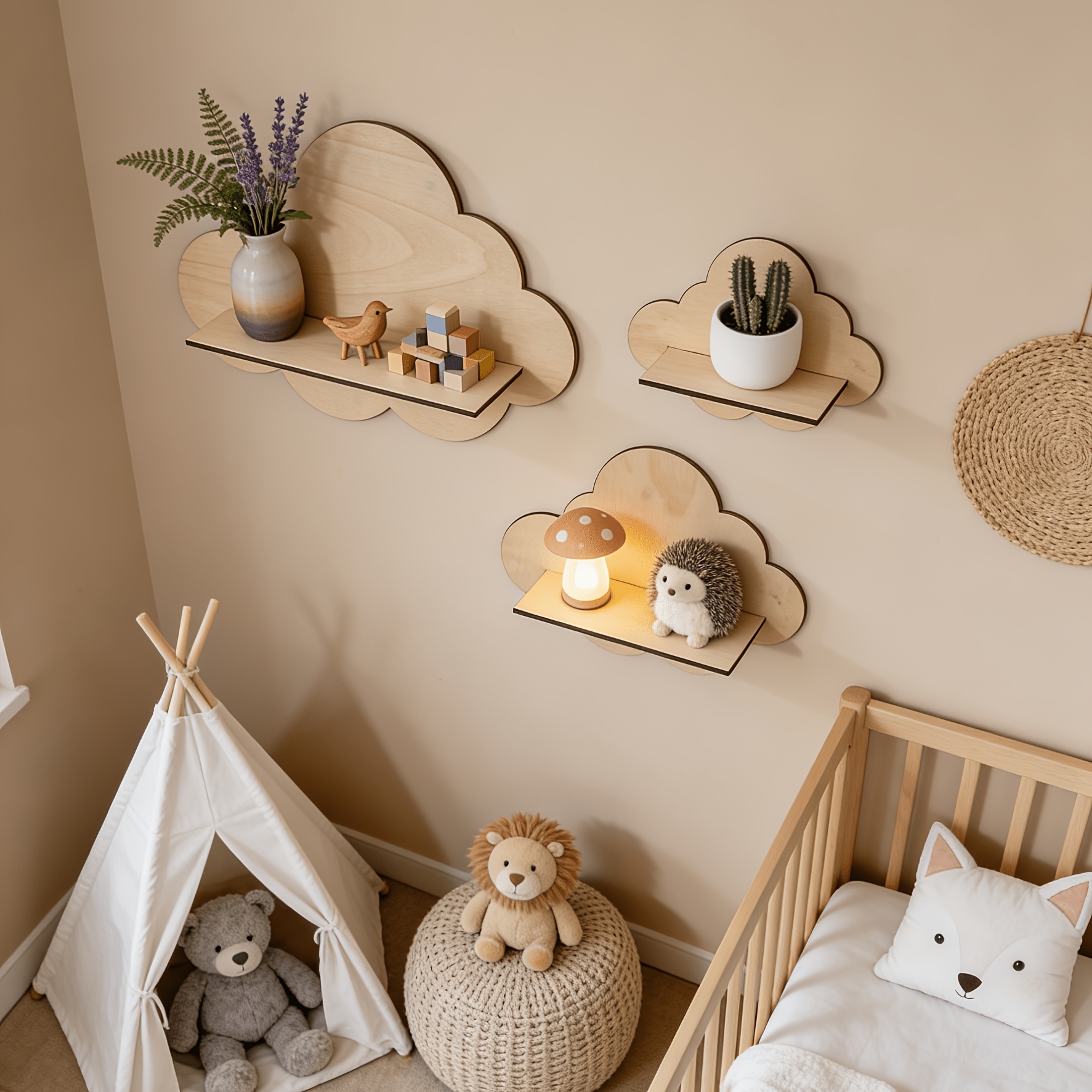 E-shop 3-teiliges Set Naturholzfarbene Wolkenförmige Holzregale, Wandmontiertes Display-Regal im Nordischen Stil ohne Bohren, Wohnzimmer Schlafzimmer