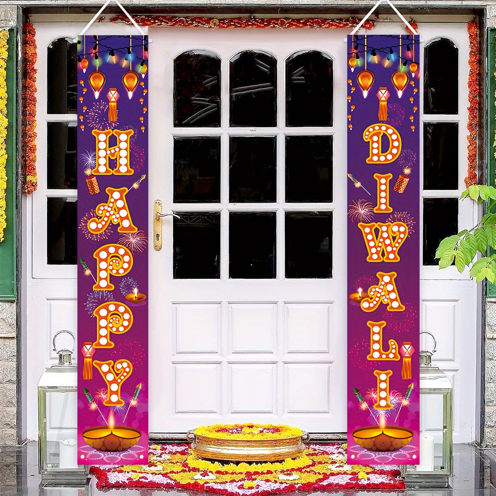 

Polyester Diwali Door Banners - Multipurpose Indoor/outdoor Festive Decoration, No-electricity Porch Sign Couplet Pair With Fireworks Design For Diwali Celebration