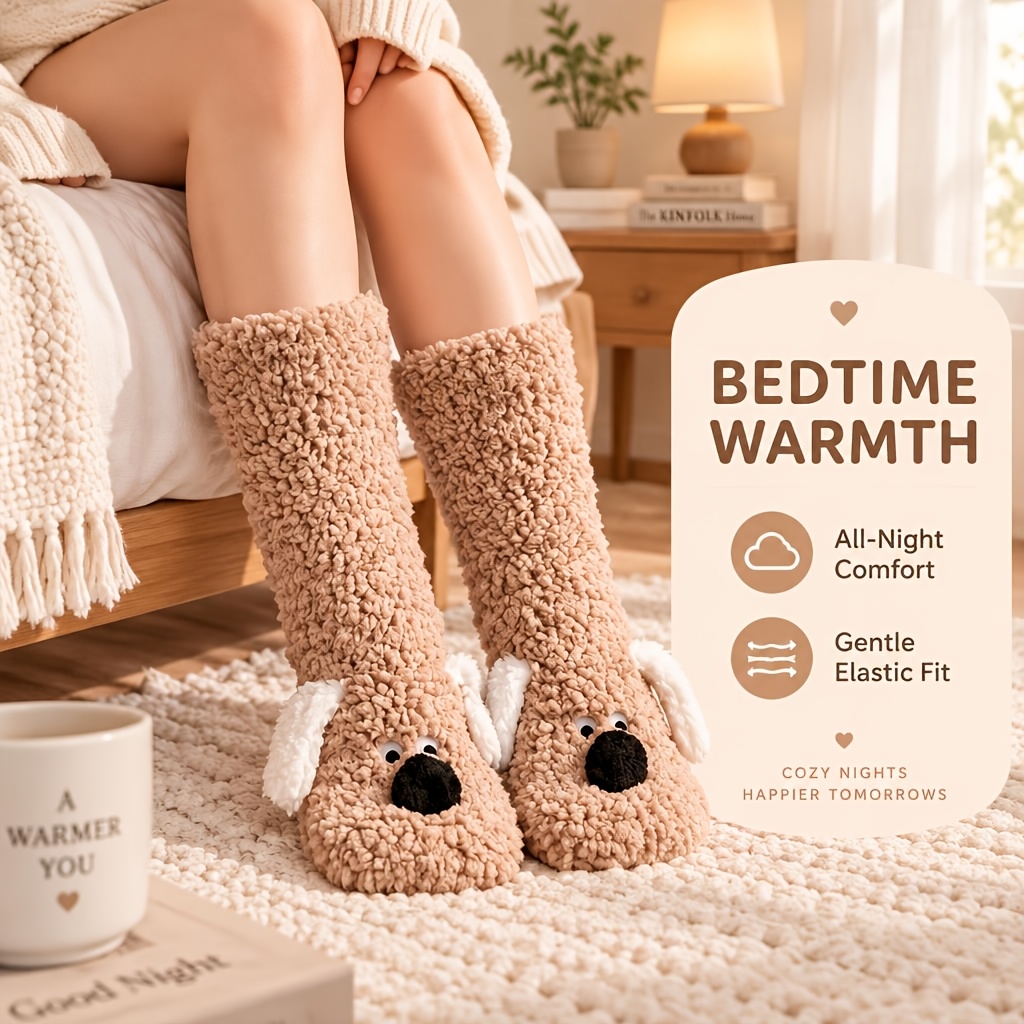 TEMU Cute Puppy Pattern Floor Socks, Black/khaki/white - Cartoon Animal Plush Socks, Super Soft Warm And Cozy Indoor Winter Casual Sleep Socks -