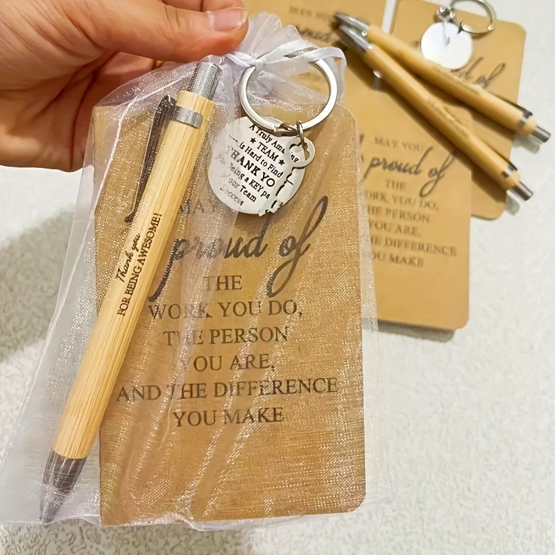 36pcs 9sets team gifts employee thank you gifts including 9 bamboo pens 9 pocket inspirational notebooks 9 motivational keychains and 9 bags suitable for office employees volunteers nurses teachers colleagues for team building and retirement gifts
