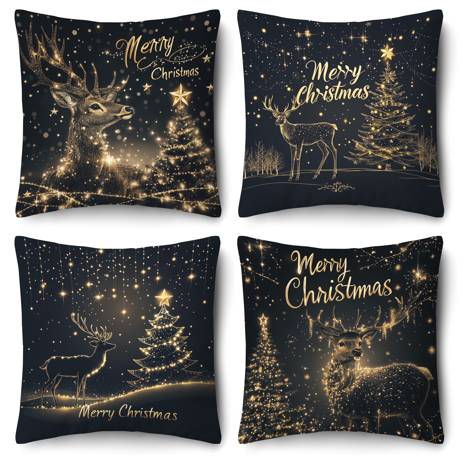 Image of Set Of 4, Popular Christmas Pillow Covers - , 18x18 Inches, Made Of Polyester With Zipper Closure - Machine Washable, Featuring Christmas Elements Like Reindeer And Christmas Trees, Comfortable