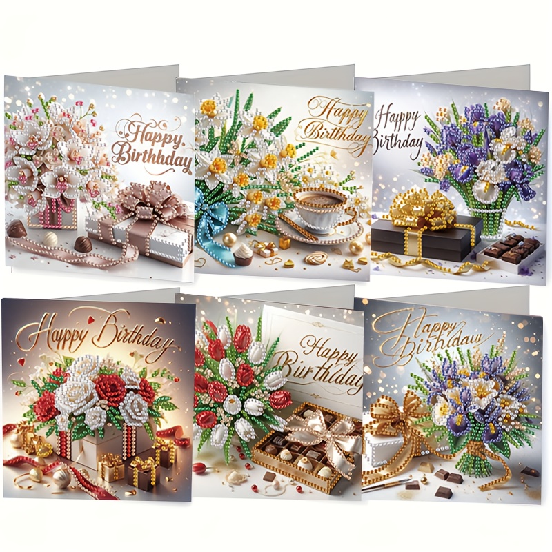 Image of 6pcs Birthday-themed Diamond Painting Greeting Card Set, Birthday Flowers And Chocolate Style (includes Envelope) – To