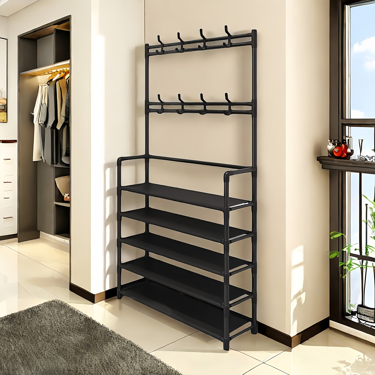 

Versatile 4/5-tier Metal Coat Rack With Shoe Storage - Freestanding, Multi-functional Organizer For Entryway, Living Room, Bathroom, Hallway - Includes 8 Dual Hooks, Black & White Options