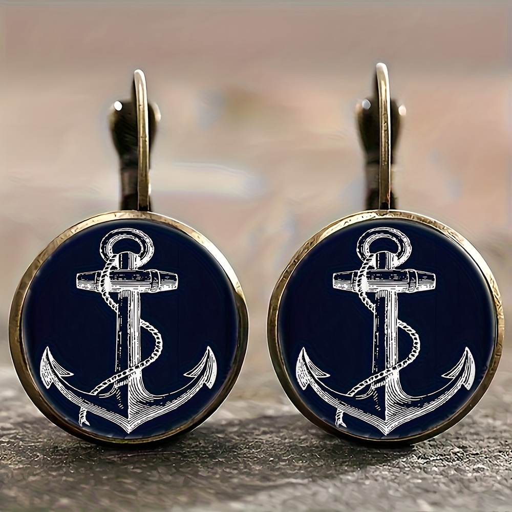 TEMU Vintage-style Round Earrings Made Of Alloy, Featuring White Anchors Against A Navy Blue Backdrop. Elegant Jewelry Pieces Are Easy Yet Trendy,