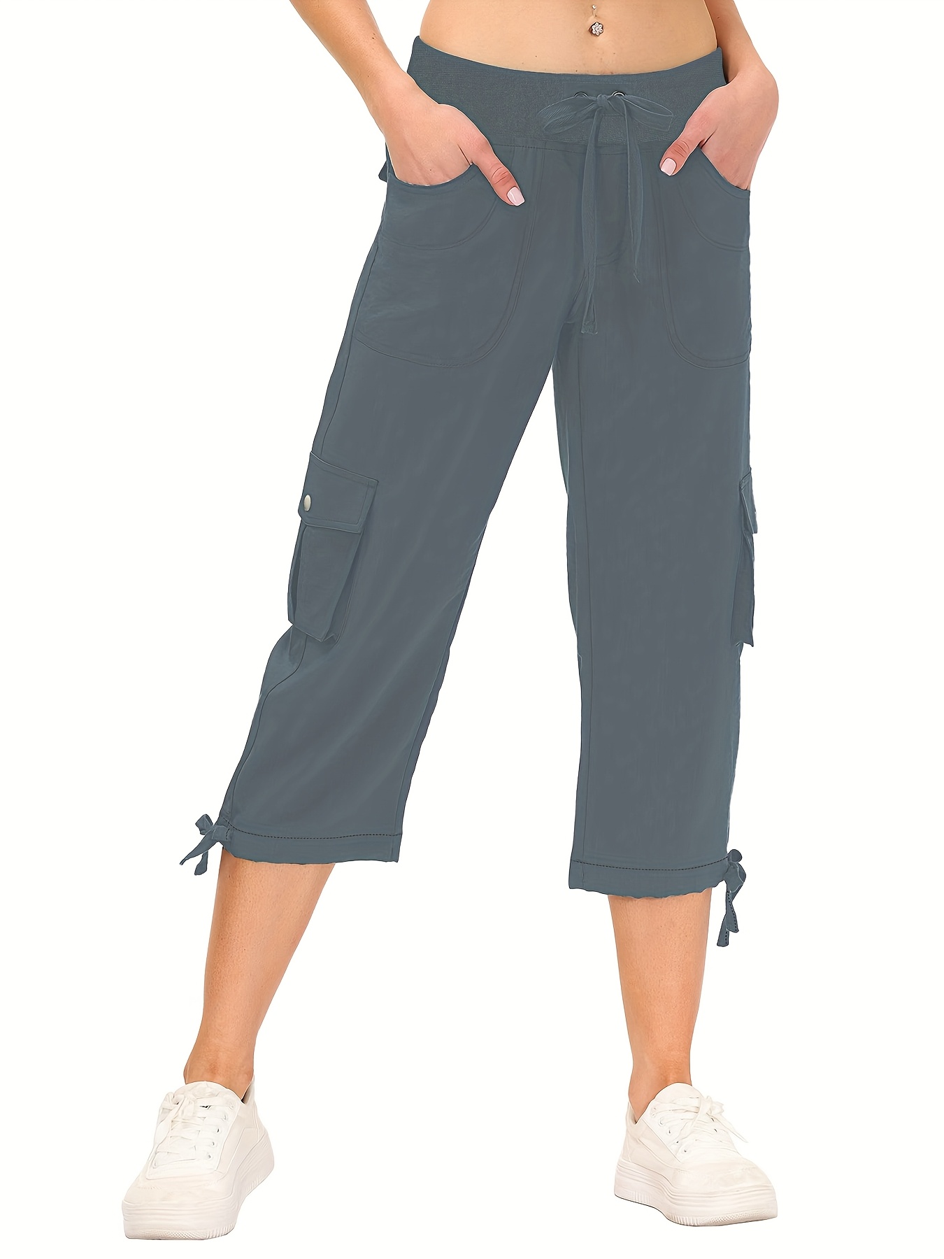 Women's Lightweight Cargo Hiking Pants Drawstring Waist Capris  Outdoor Travel Pants with Multiple Utility Pockets Non-Transparent  Athletic