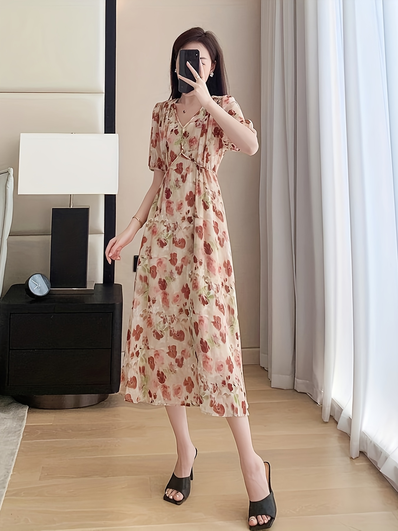 womens floral print v neck short sleeve dress summer a line - Temu Oman