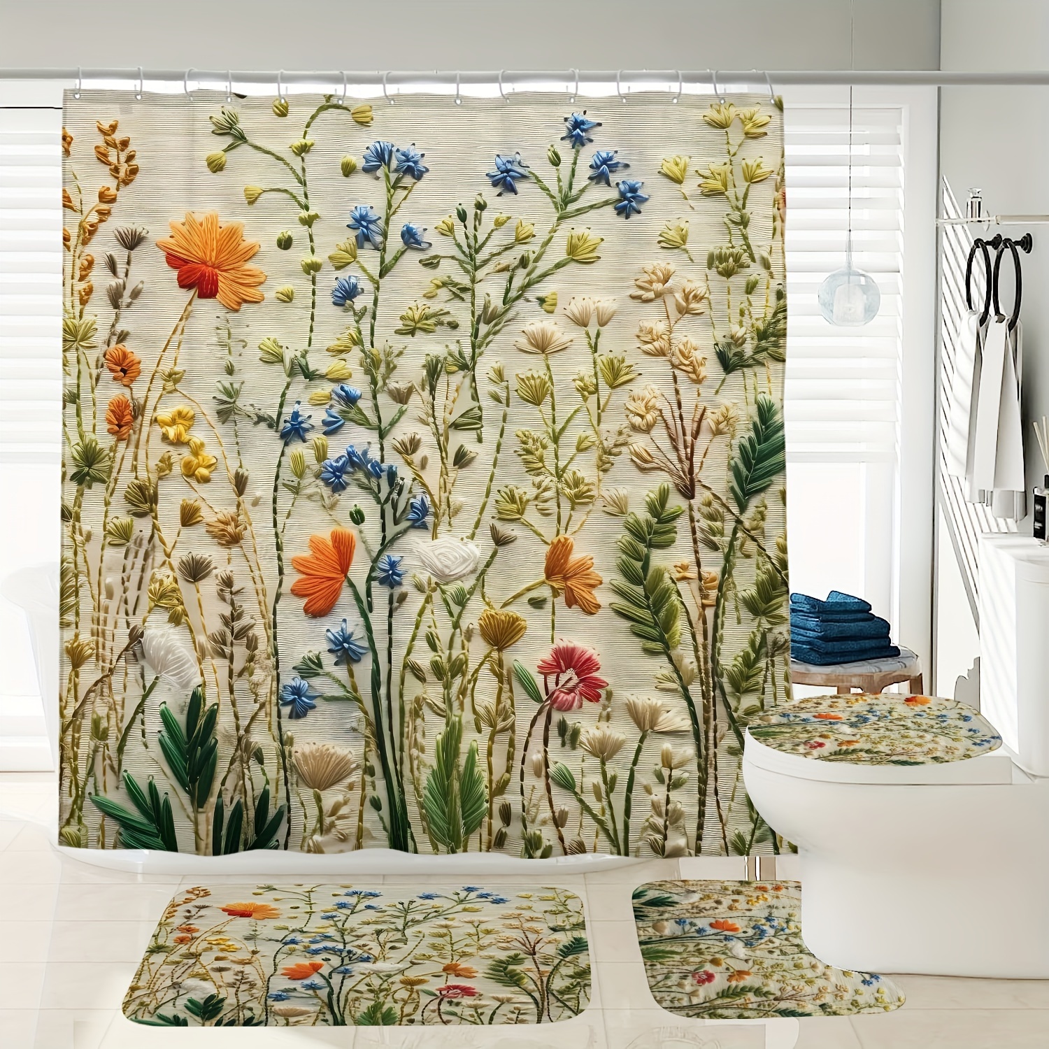 

1/3/4pcs Botanical Floral Pattern Bathroom Set, Waterproof Shower Curtain With 12 Hooks & 3 Anti-slip Mats, Toilet Cover, Absorbent Bath Rug, Bathroom Accessories, Home Decor