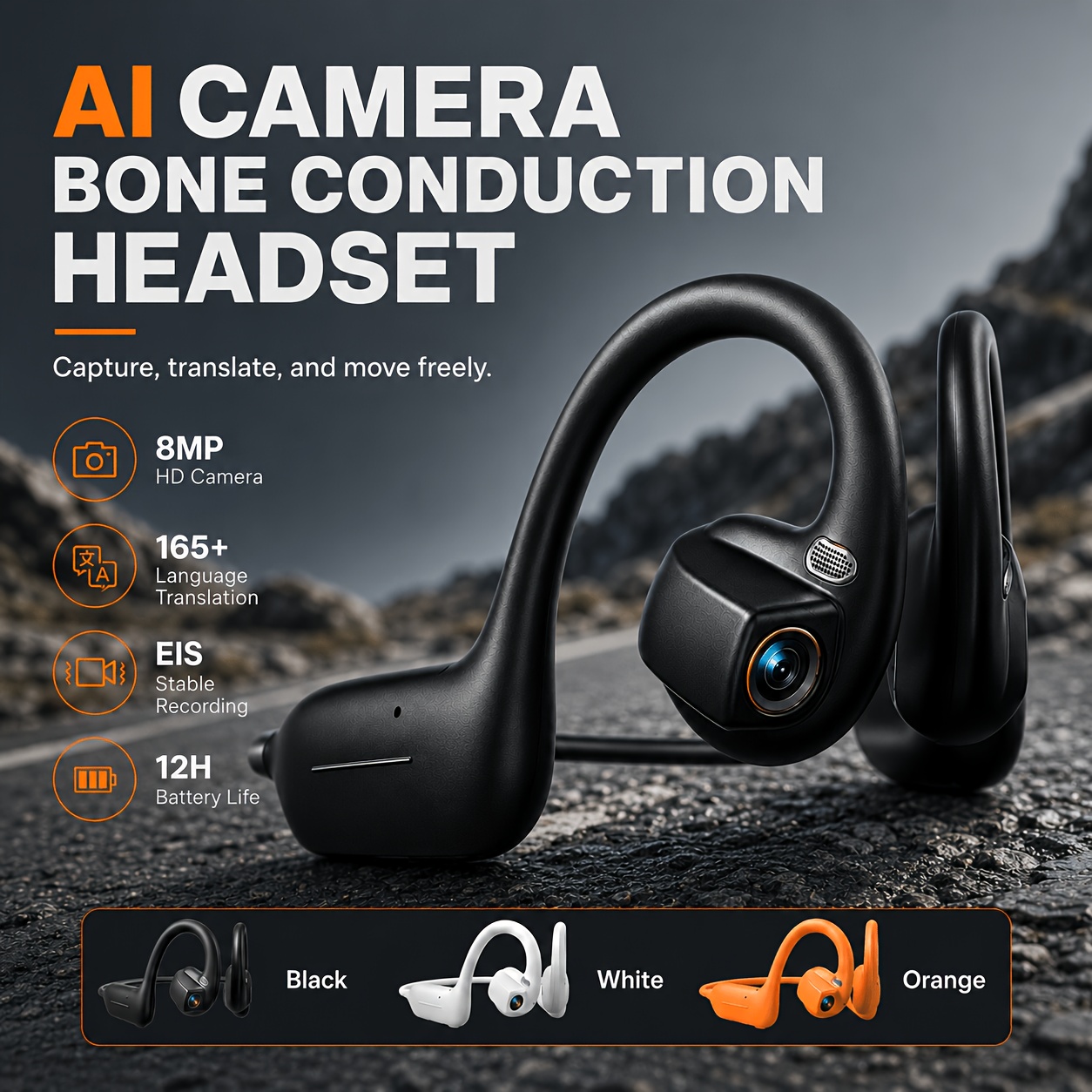 e12 intelligent camera headset ai translation open wireless headset supports hands free photography video recording music   photo translation suitable for office meetings and   travel with built in satellite map navigation