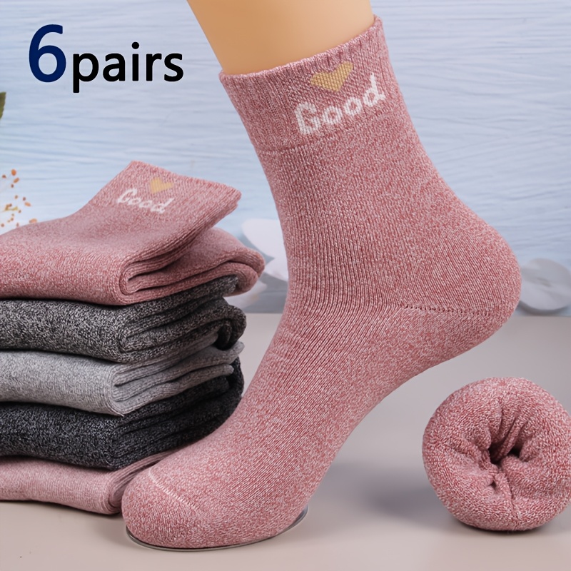 TEMU 6 Pairs Winter Socks Women's Warm Towel Socks Thickened Fleece Mid-calf Seamless Toe Non-rubbing Foot Cozy Autumn Winter Style Terry Floor