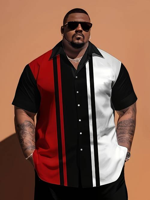 mens plus size casual short sleeve button up shirt with red white striped color block print lightweight polyester blend machine washable vacation clothing chic casual shirt spandex short sleeve plus size