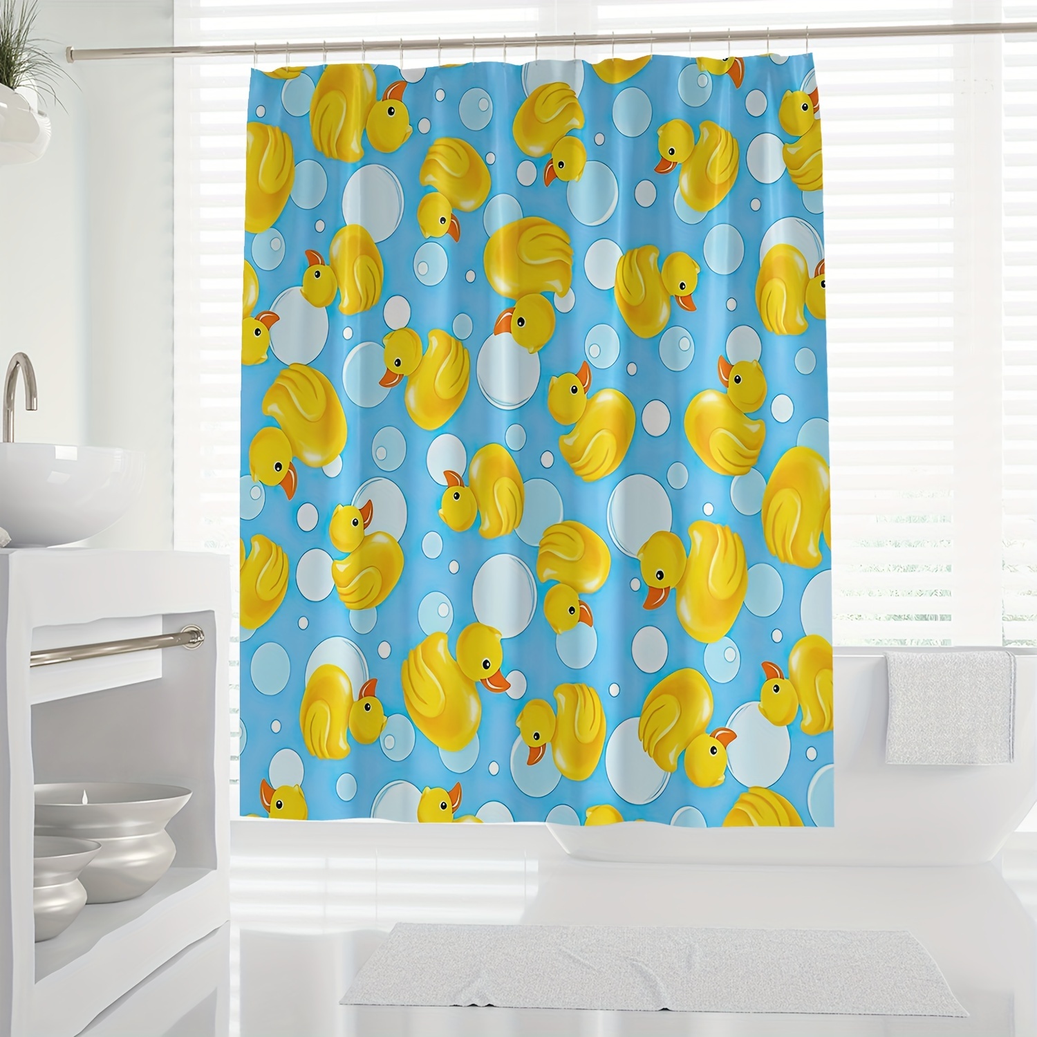 

1pc Summer Yellow Duck Digital Print Shower Curtain With Hooks, Water-resistant Polyester, Machine Washable, Woven Knit Weave, All-season Animal Theme Decor
