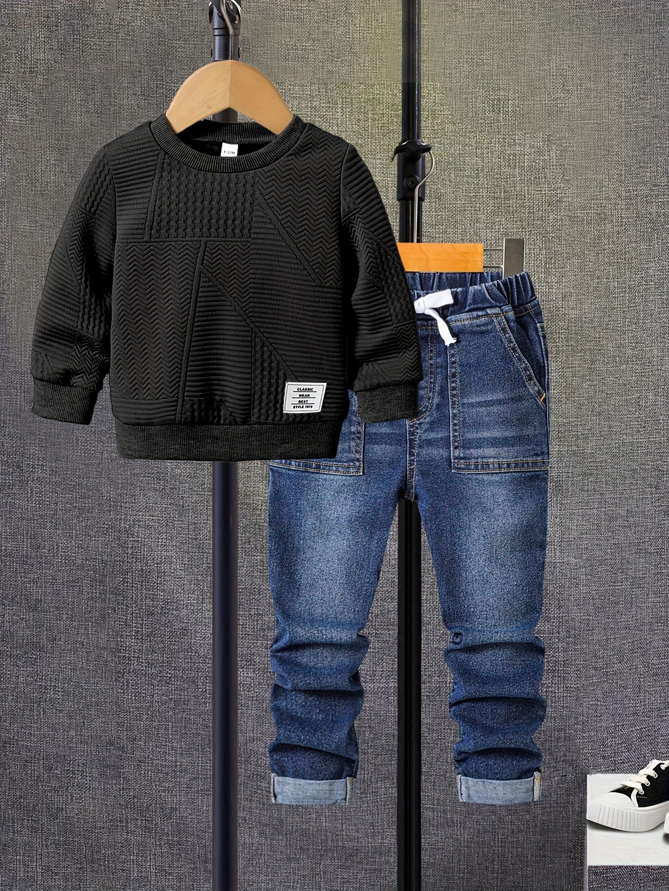 Jongens 2-delige Lente/Herfst Outfit Set - Geometrische Textuur Sweatshirt met Lange Mouwen & Ronde Hals & Stretch Jeans