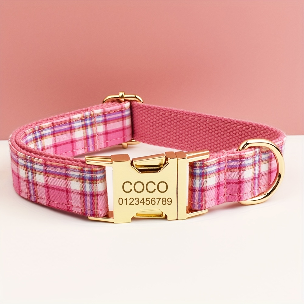 XINXIPETS Customized Plaid Dog Collar - Adjustable Metal Buckle, Personalized Name & Phone Engraving, Durable Polyester, Multi-Color Options for All Dog Sizes, Anti-Loss Safety Design, Dog Collar Personalized, Goldtoned Metal