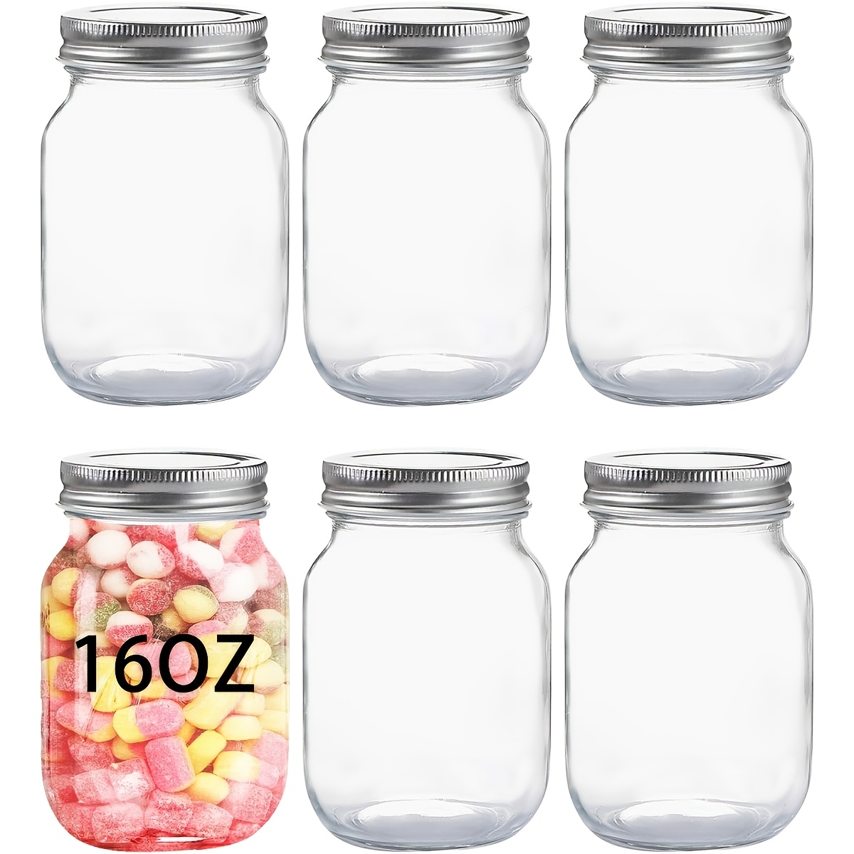 TEMU 6pcs Set Of 16/32oz Glass Fermentation Jars, Reusable Borosilicate Mason Jars With Sealing Lids And Sealing Bands, For Storing Jam, Honey, And