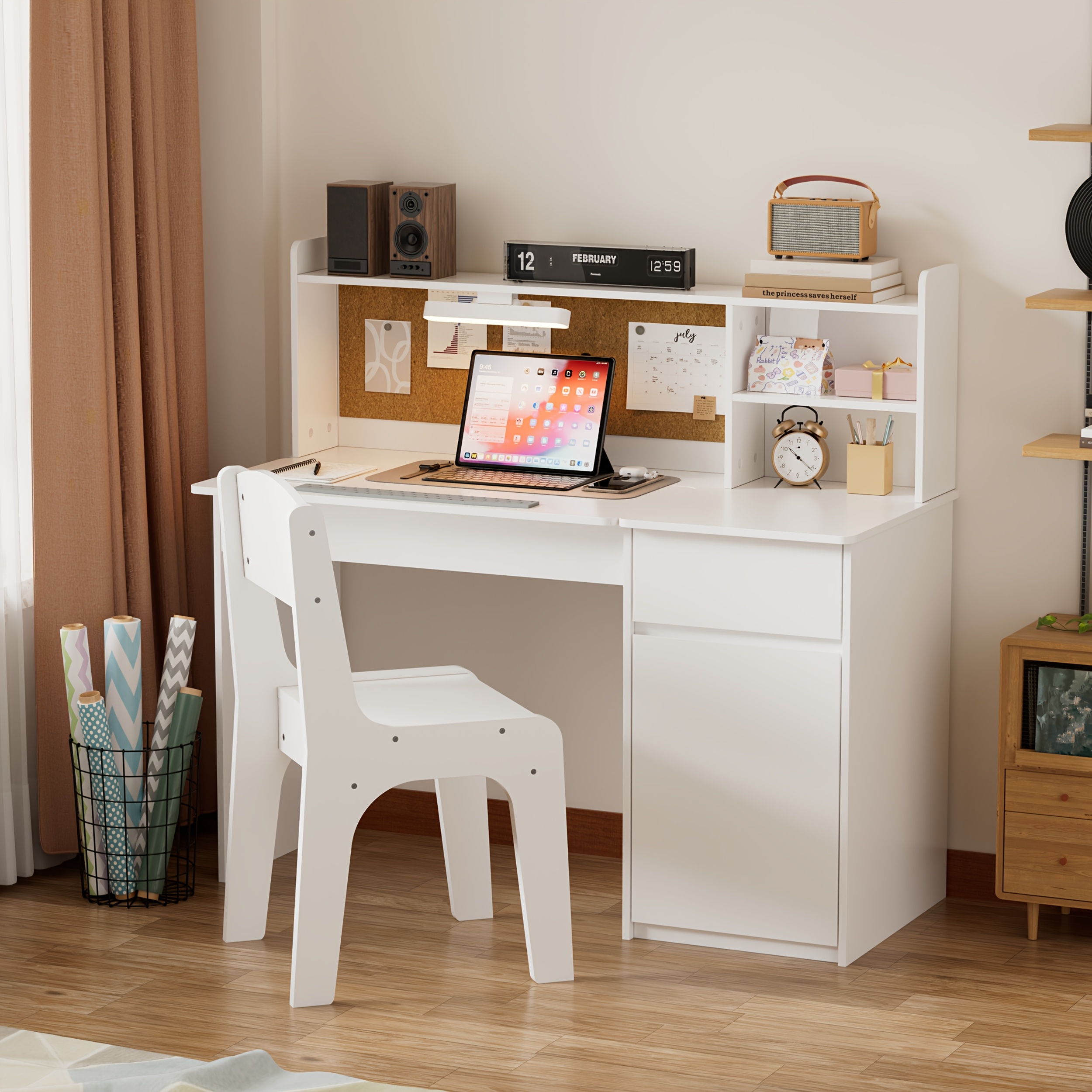 White Desk Set, Desk Set, Desk With Slanted Desktop And Drawers, Multi-functional Desk With Shelves And Bulletin Board, Table And Chair Set With Storage Space