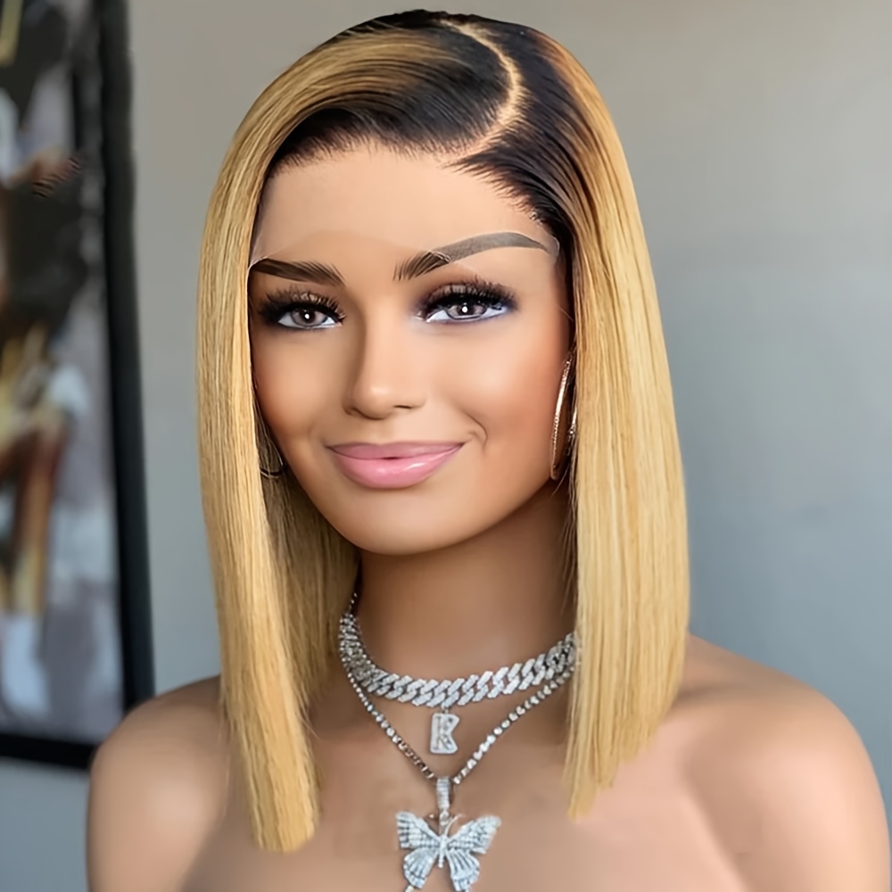 Image of 13x3 Synthetic Lace Front Wigs 14 Inch Yellow Blonde Layered Glueless Short Bob Haircuts Hairline Density Kanekalon Futura Wigs For Women Ombre Heat Resistant Fiber For Women Daily Party Use