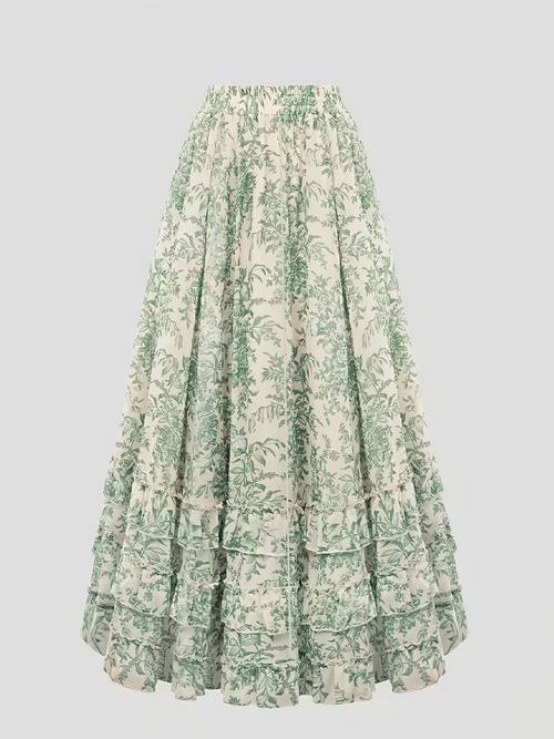 womens a line midi skirt high waisted elasticated layered maxi skirt elegant vintage botanical print style green floral maxi dress vintage high waisted flared skirt suitable for spring summer and autumn