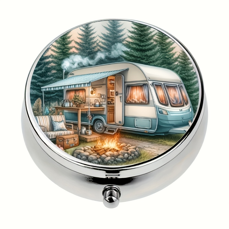 Image of Circular Medicine Box With Travel Rv Pattern, 3 Compartments For Medication Storage, Portable Metal Pill Box, Suitable For Pockets And Handbags, Ideal For Travel And Daily Use, Unique Gift Ideas