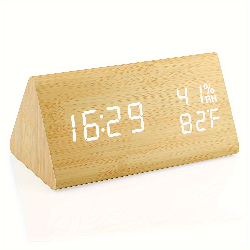 Wooden Triangular Bedroom Alarm Clock with Temperature and Humidity Display, Three Alarm Settings, and Adjustable Brightness, Suitable for Bedrooms, Study, Office, Bedside Table