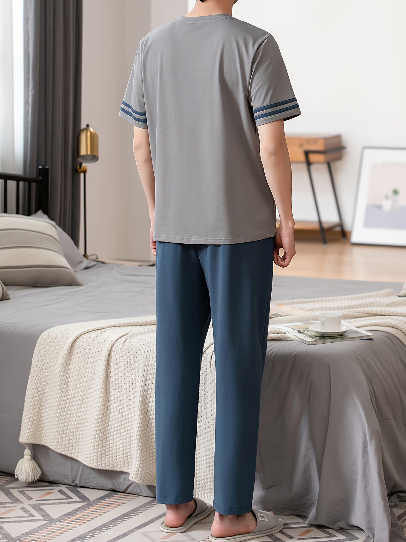 Summer Men's Pajamas Pure Cotton Short Sleeve Long Pants Slim Fit Plus Size Youth Loose Home Wear Set