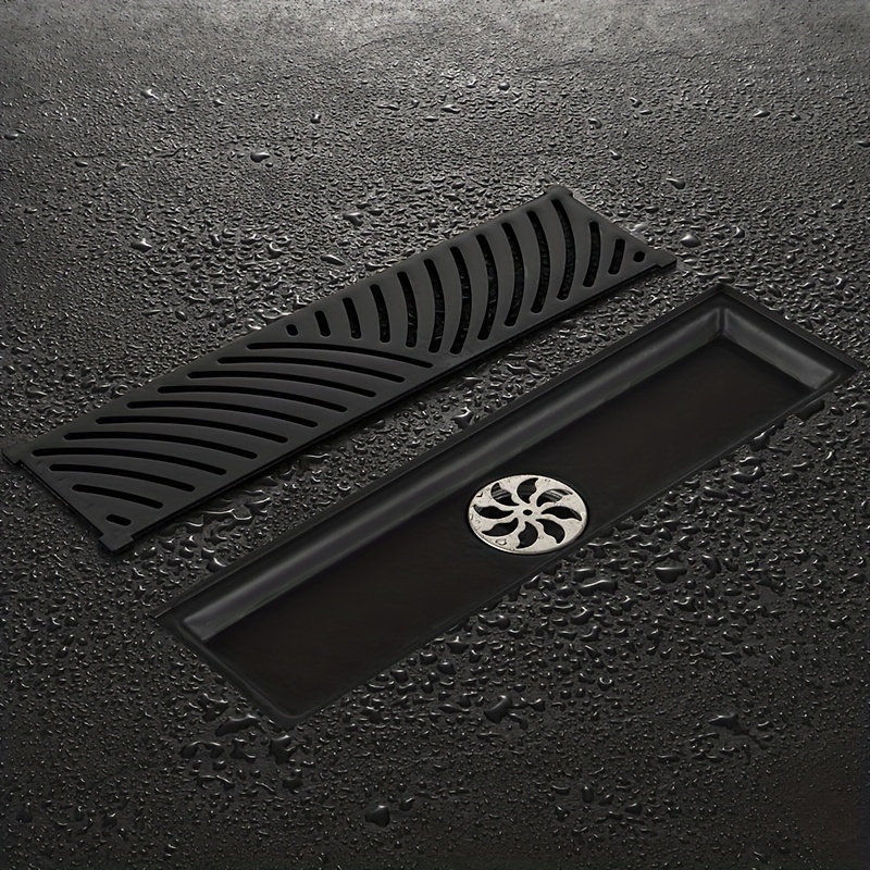 Black Stainless Long Floor Drain for Hotel Bathrooms, Rectangular Design with High Drainage Capacity, Elongated Hidden Odor-Proof Drain Featuring Wheat Ear Patterns