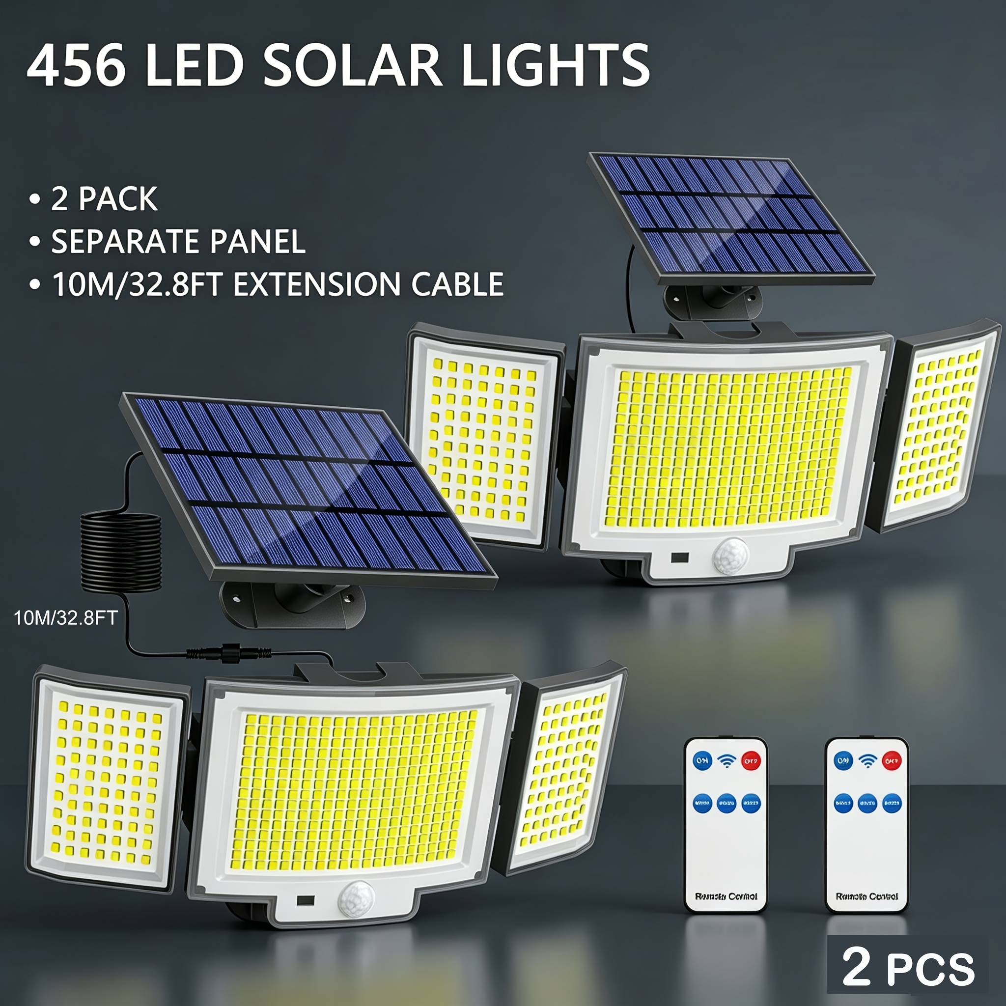 TEMU 2pcs 456led Solar Lights Outdoor With Motion Sensor, 3 Head 270° Wide Angle Street Area Lights, Ip65 With 3 , Cool Light Solar Spotlight, Solar
