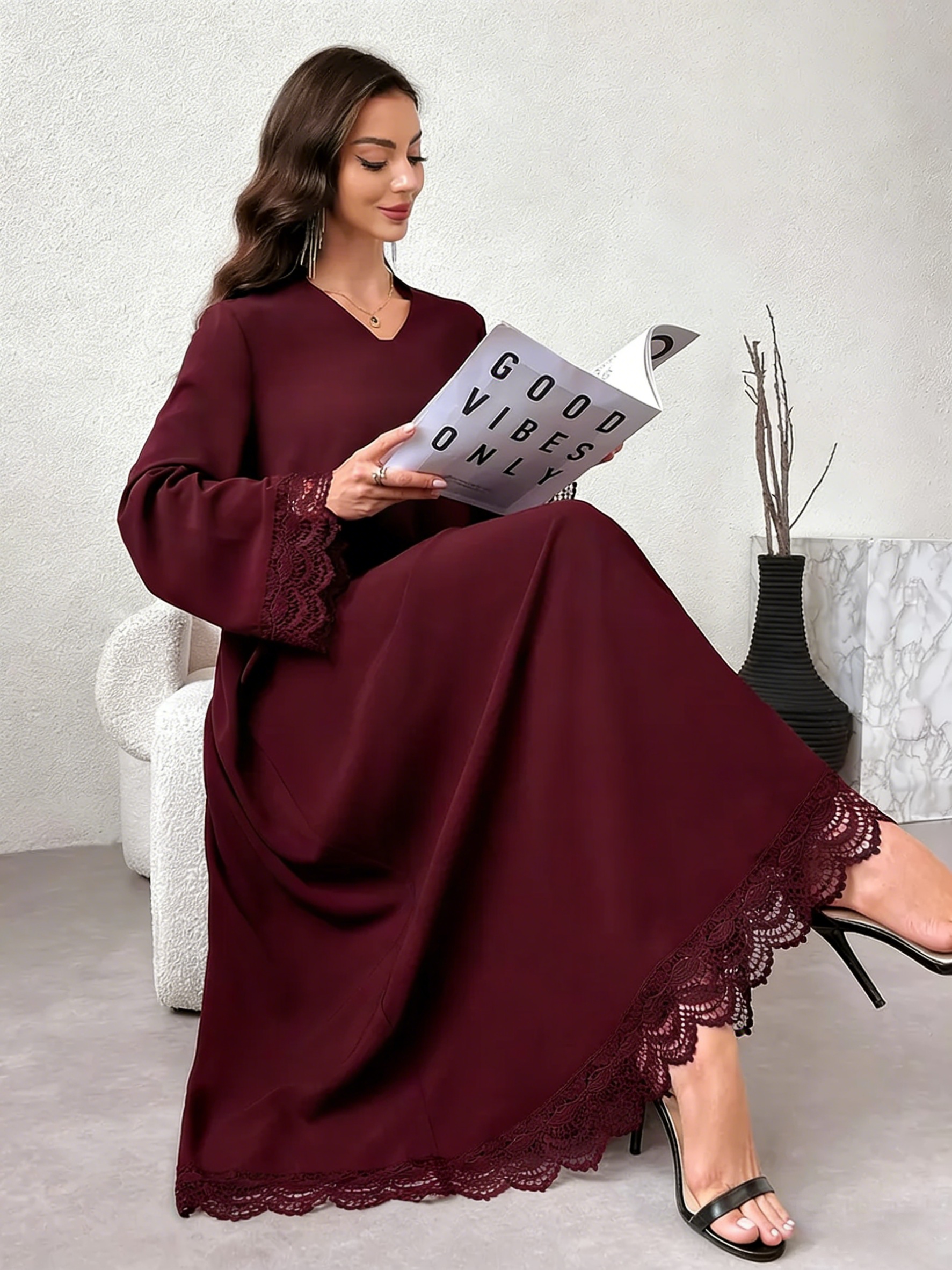 chinese dress ladies Lace Trim Abaya
