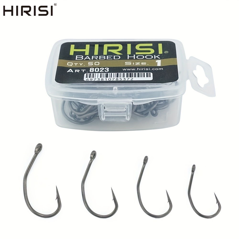 

50pcs Hirisi Carbon Stainless Steel Fishing Hooks - Ptfe Coated, Long Shank, #8023, Sizes 1-6, With Clear Plastic Storage Box For Easy Organization