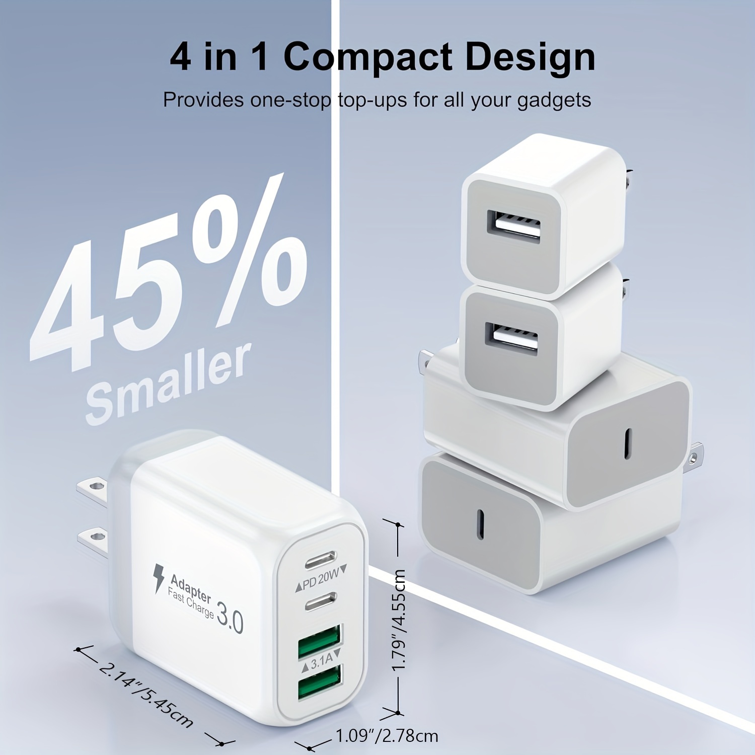 2-Pack 40W USB C Wall Plug, 4 Port Fast Charging Block PD 3.0 Multi Port Type C Adapter Cube For IPhone 15/13/13pro/12/12pro/XR/SE, IPad Pro/Mini/Air, Google Pixel/Pixel 3a/ XL/3/2XL