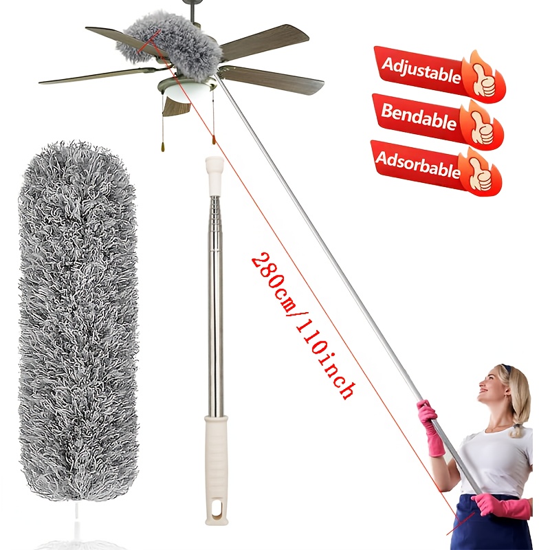 Reusable Telescopic Duster, In Extra Lengths Of 142/252/282 Cm, Featuring A Long Extendable Design, Microfiber Material, And A Flexible Corner Brush That Easily Eliminates Dust And Cobwebs