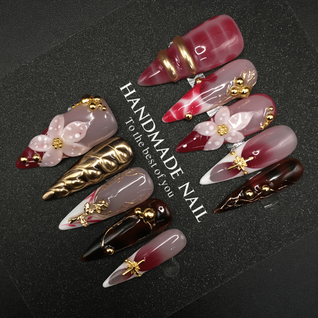 TEMU Tips Handmade Press On Nails Suitable For - Long Stiletto False Nails With Wine Red Nude Gradient Base, Flowers & Gilded Ornaments, Glossy For