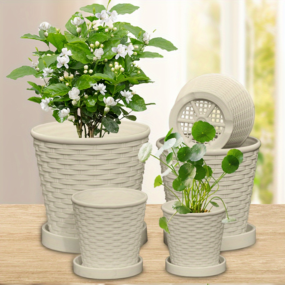 

Plastic Flowerpot, 5pcs, 7.7/6.7/5.3/4.5/3.9inch Garden Flowerpot, Willow Pattern Flowerpot, Thickened And Durable, With Drainage Holes And Plates, Suitable For Indoor And Outdoor Plant Pots