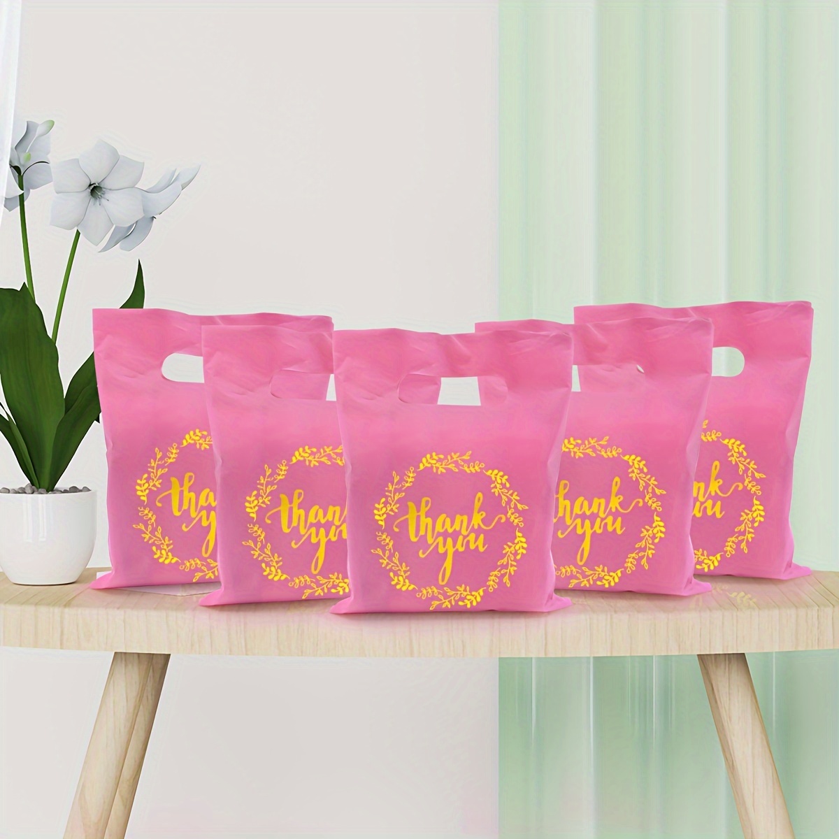 

300pcs Pink Plastic Thank You Bag Thank You Gift Bag Is Suitable For Party Small Gift Packaging Snacks Biscuit Packaging