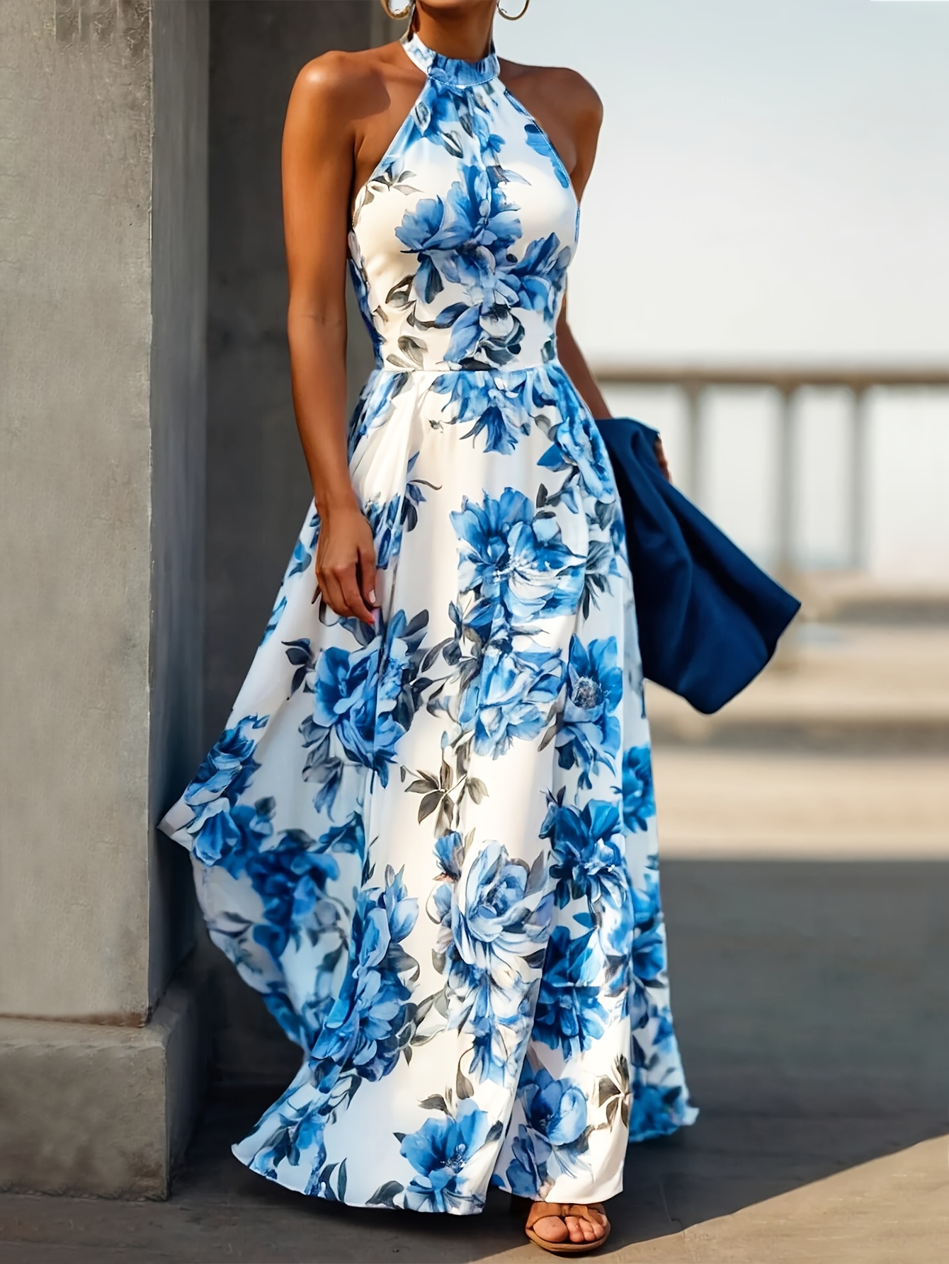 womens floral print halter neck a line maxi dress lightweight machine washable summer beach vacation dress with blue white floral pattern spring summer casual outfit spring fashion flowy skirt style mixed color 0