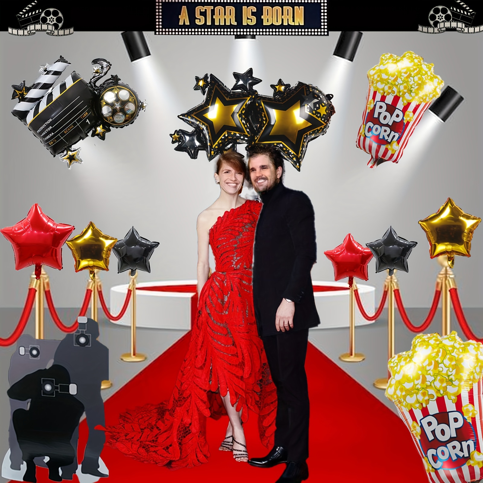 

Movie Night Themed Foil Balloons Set, 10 Pcs - Star Cluster, Popcorn, Film Clapboard, Red Gold Black Star-shaped Mylar Balloons For Parties, Suitable For Ages 14 & Up - General Festive Decor