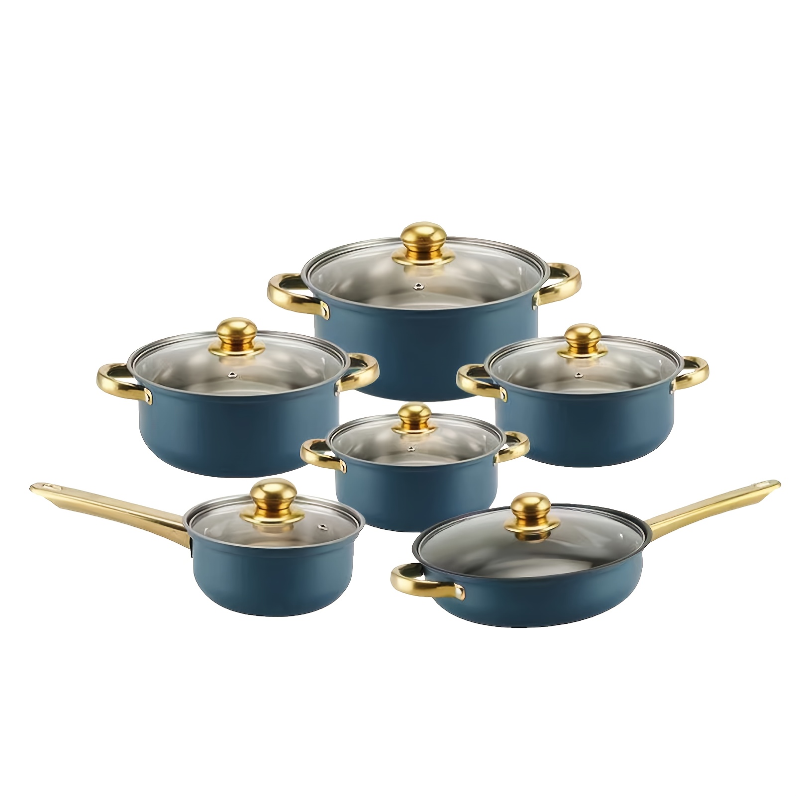 6pcs stainless steel cookware set blue lids   soup pots frying pans milk pots   essentials compatible with   stoves details 8