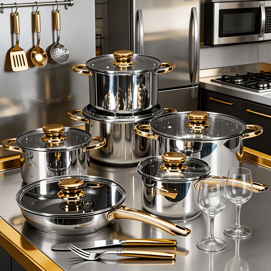 TEMU 12pcs Stainless Steel Kitchenware Set - Heavy Duty 410 Stainless Steel Construction, Pans And Fryers With Glass Lids, Oven Safe, Induction