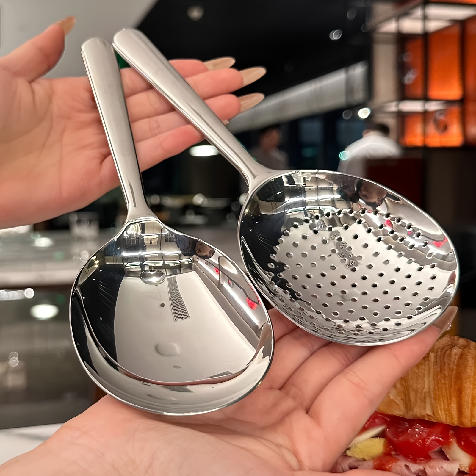 2pcs of heavy duty commercial home kitchen spoons large serving spoons heat resistant short handle with draining holes easy to clean suitable for restaurants catering and home use durable stainless steel tableware 410 material restaurant