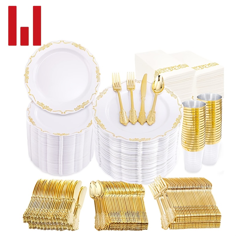 

Supernal 800pcs Gold Dinnerware Set, 100pcs 10.25" Gold Rim Dinner Plates, 100pcs 7.5" Gold Dessert Plates, 400 Gold Plastic Silverware, Gold Cups, Gold Napkins, Guest Dinnerware