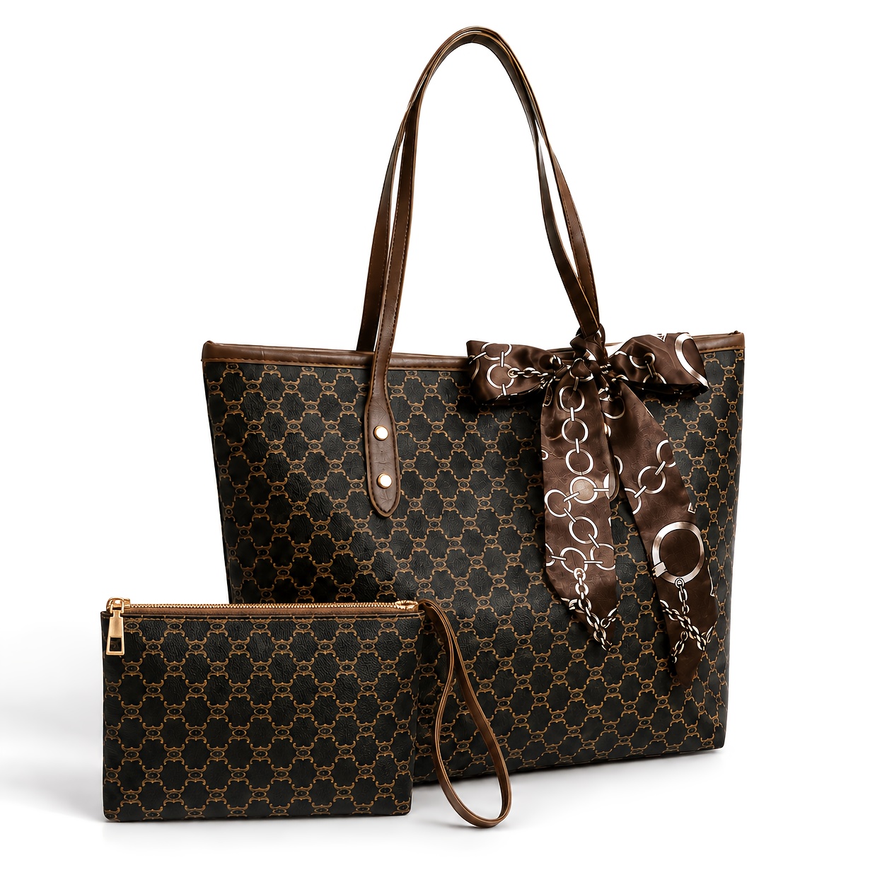 TEMU Elegant Women's 2pcs Pu Tote Bag Set, Large Capacity Geometric Print Shoulder Handbag With Matching Zip Wristlet Pouch & -style Scarf, Chic Work