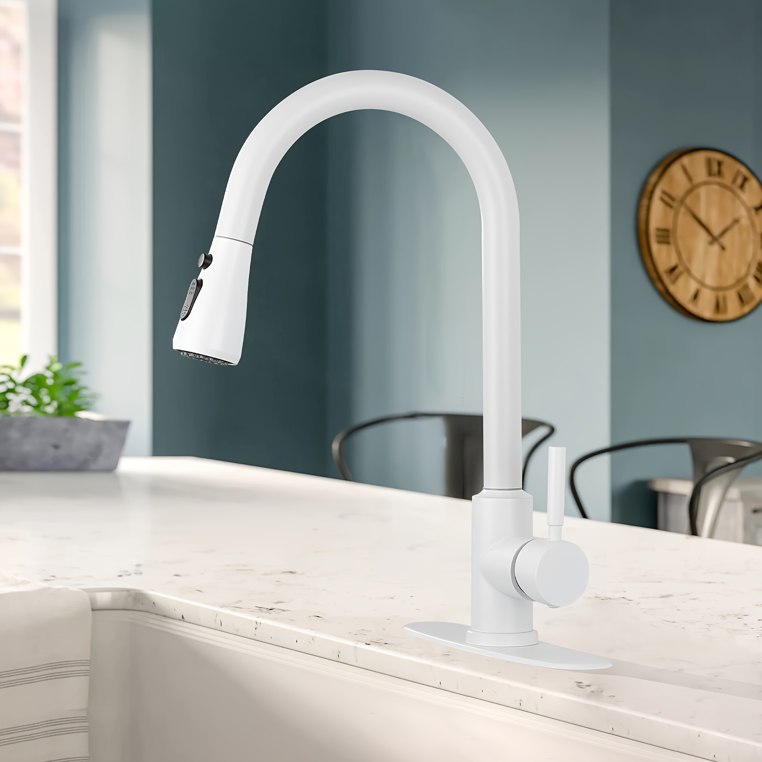 

Stainless Steel Kitchen Sink Faucet With Pull Down Sprayer, High Arc Single Handle Stainless Steel White Faucet