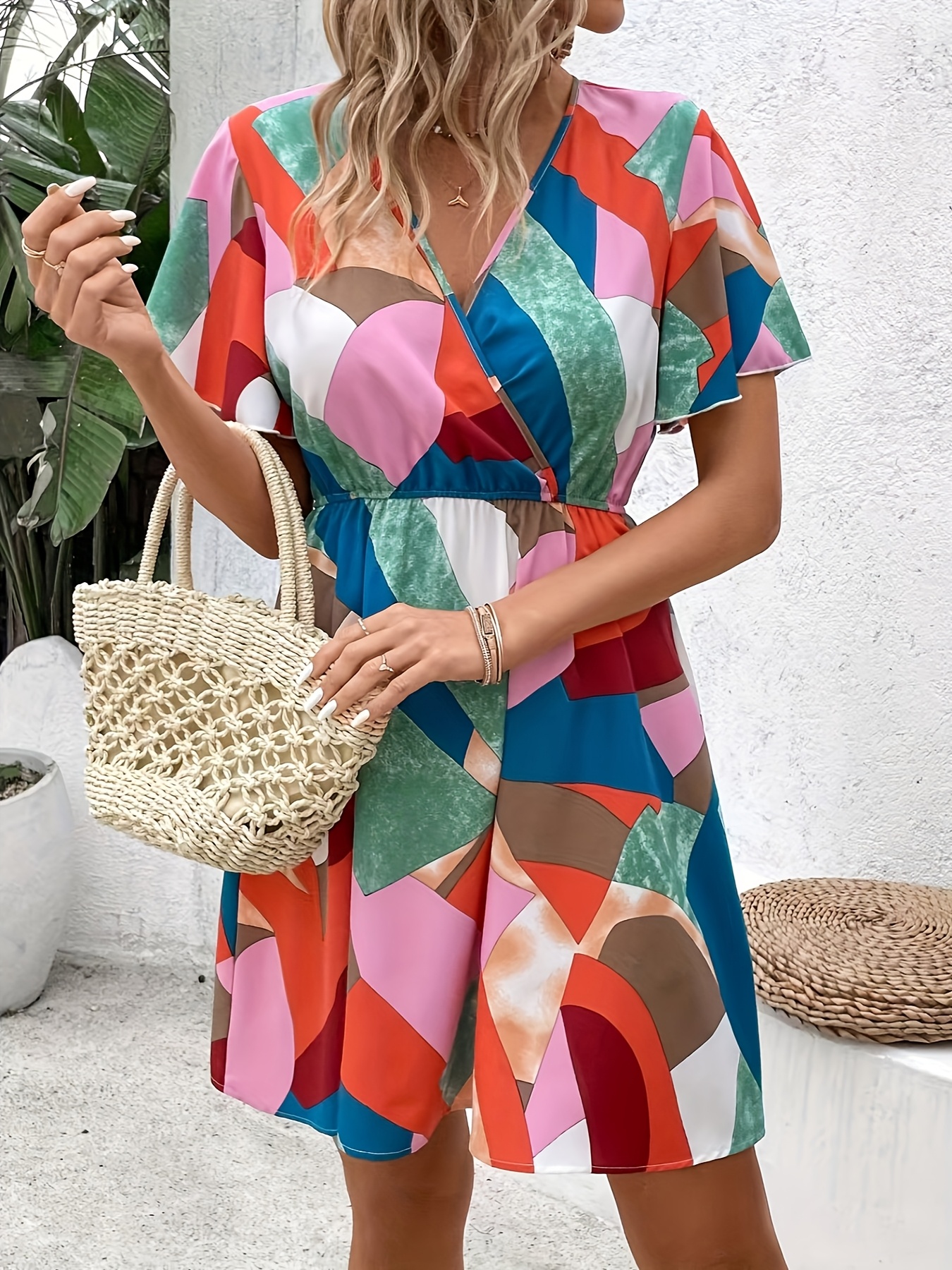 semi casual summer dresses Qolati Summer Dresses for Women Elegant V Neck Short Sleeve Wrap Wedding Guest Dress Casual Semi-Formal Fit Work Dresses Brown M, Women's, Size: