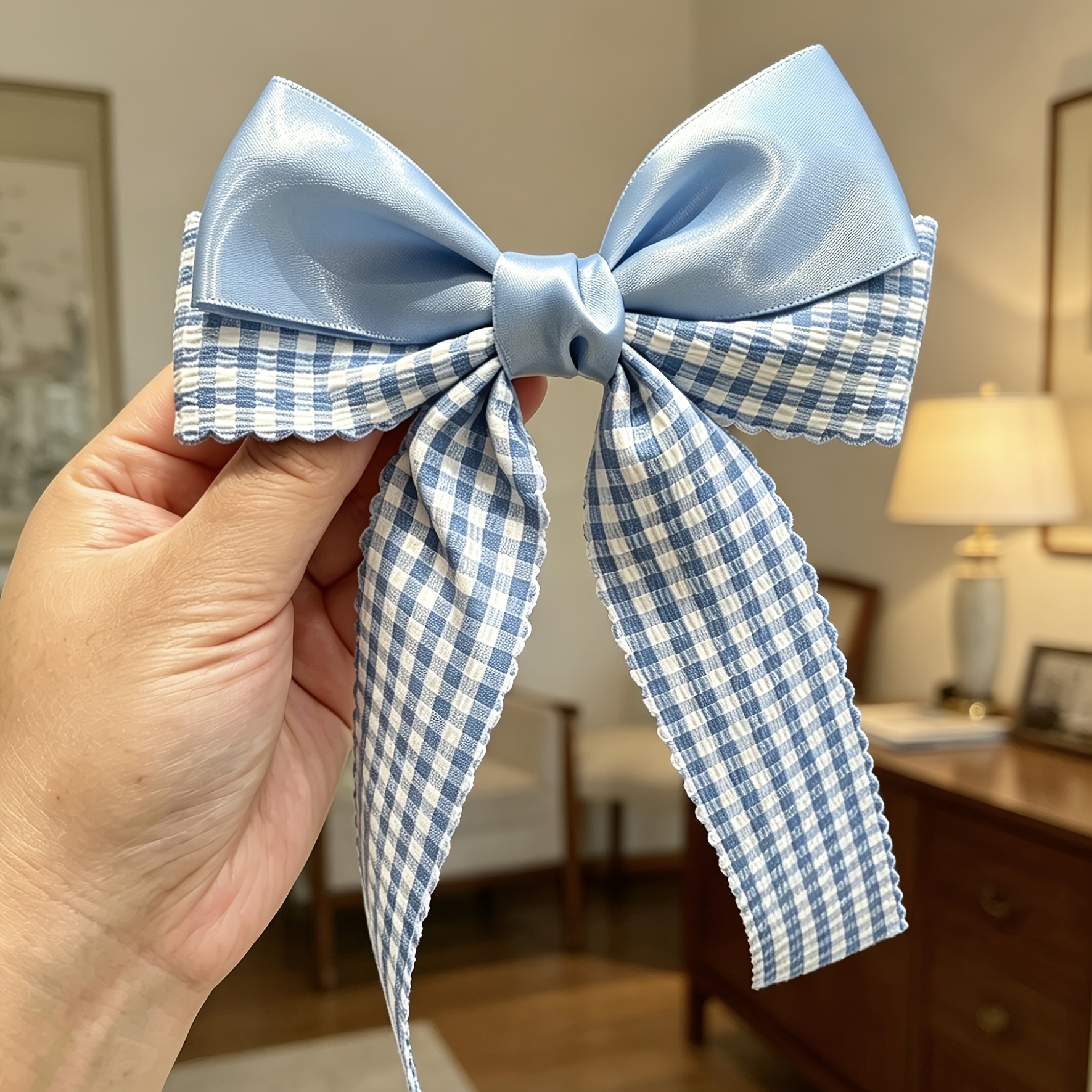 TEMU 1pc Set - Exquisite Princess Long Ribbon Hair Accessory With Serrated Grid Bow, Hair Clip, 's Back Of Headband Suitable For Wearing In Various