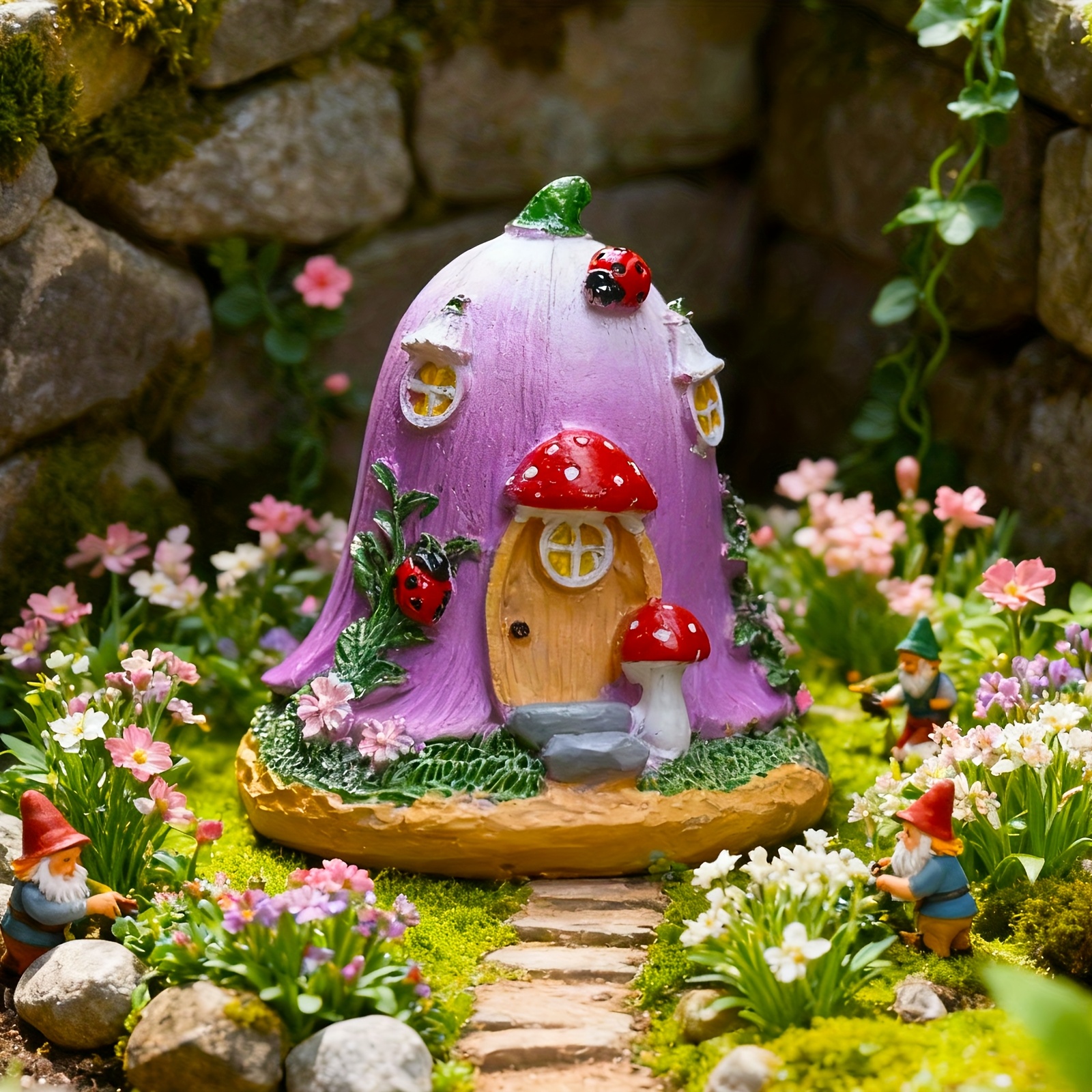 1pc   fairy house with magical door mushroom garden purple   house with   green   base miniature garden decor for indoor outdoor