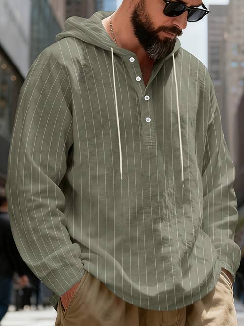 herren leinen henley shirt mit streifen und kapuze, leichtes und atmungsaktives langarm-pullover-top mit knopfleiste und kapuzendesign mit kordelzug, mit lockerer passform, für , reisen, strandurlaub
