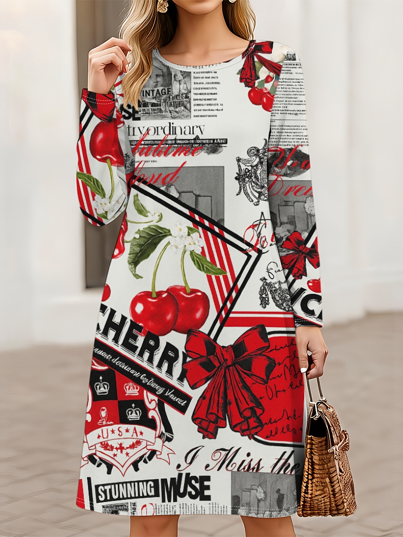 item picture this vintage newspaper print dress features cherry and bow patterns with long sleeves and an a line silhouette making it suitable for casual   parties and christmas celebrations its lightweight and comfortable   a relaxed look