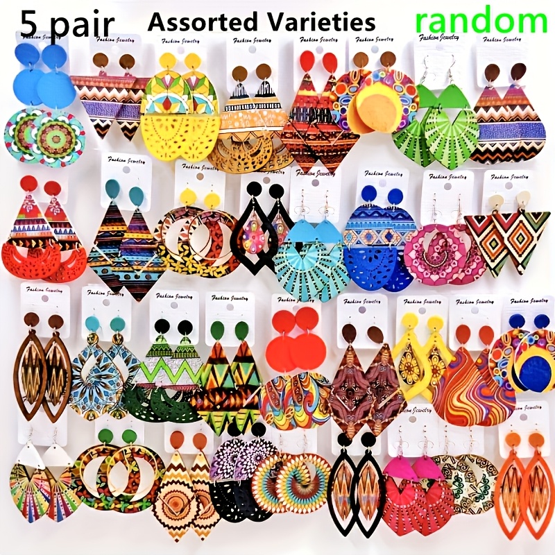 Image of 5/10 Pairs/pack Wooden Material Women's Ethnic Style Fashion Hoop Earrings, Mixed Styles , Assorted Bohemian Style Women's Dangle Earrings, Wholesale Random Styles
