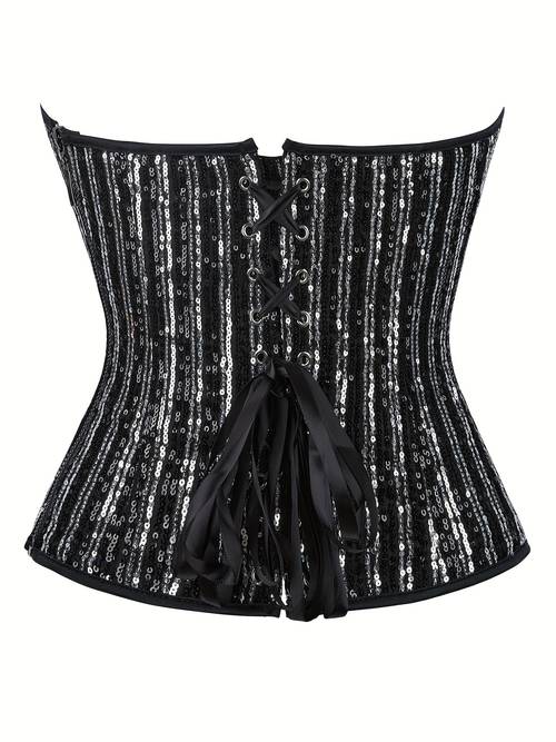 womens sequined corset top silvery and black striped lace up back zippered strapless bustier vintage court style for costume party
