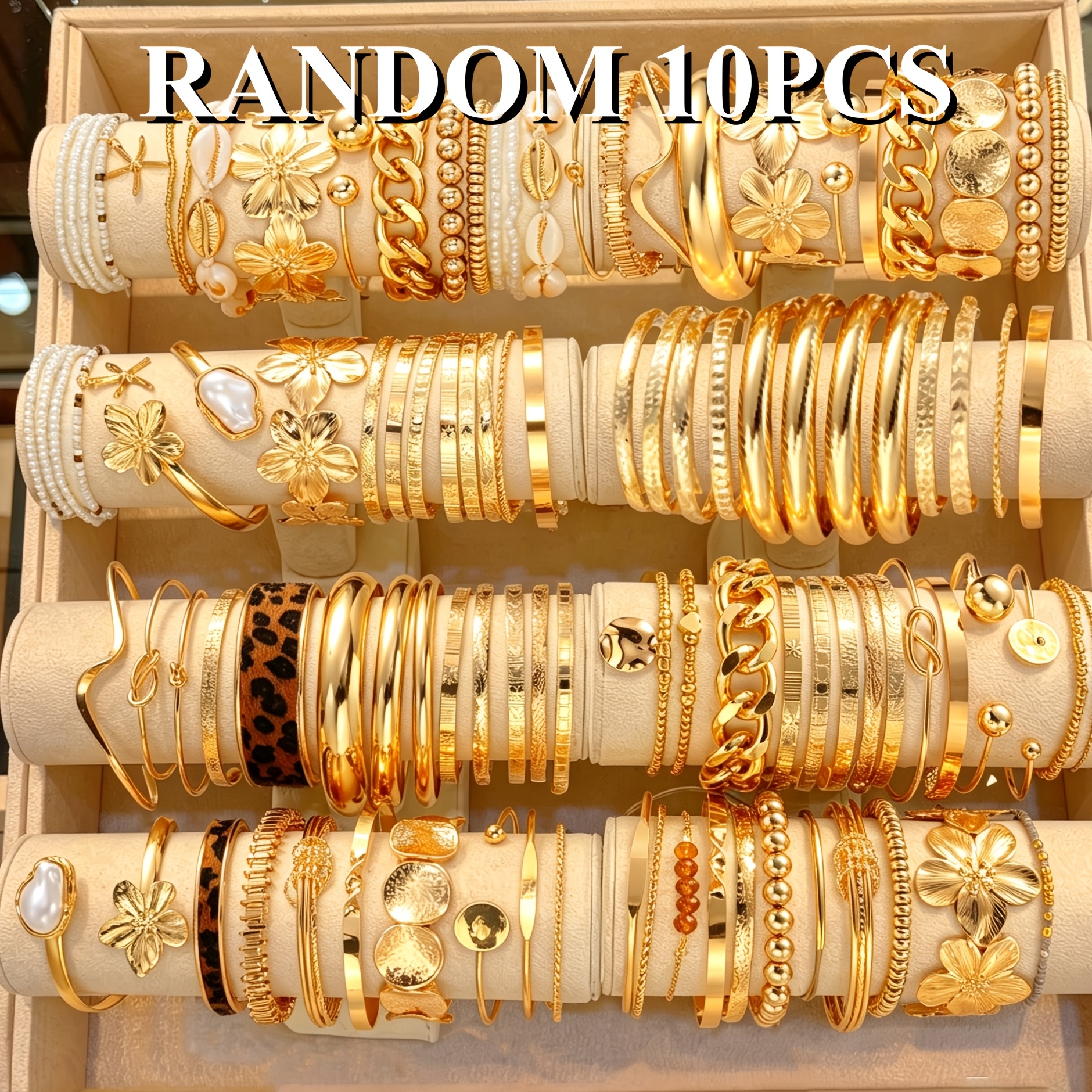TEMU Conjunto de 10 pulseras de moda para mujer, estilo moderno y lujoso, gruesas y fáciles de usar, con estampado de leopardo, flores, , cuentas de